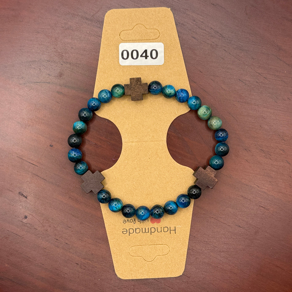 Blue Tiger Eye & Wooden Cross Bracelet