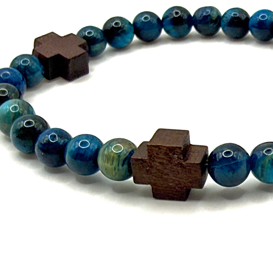 Blue Tiger Eye & Wooden Cross Bracelet