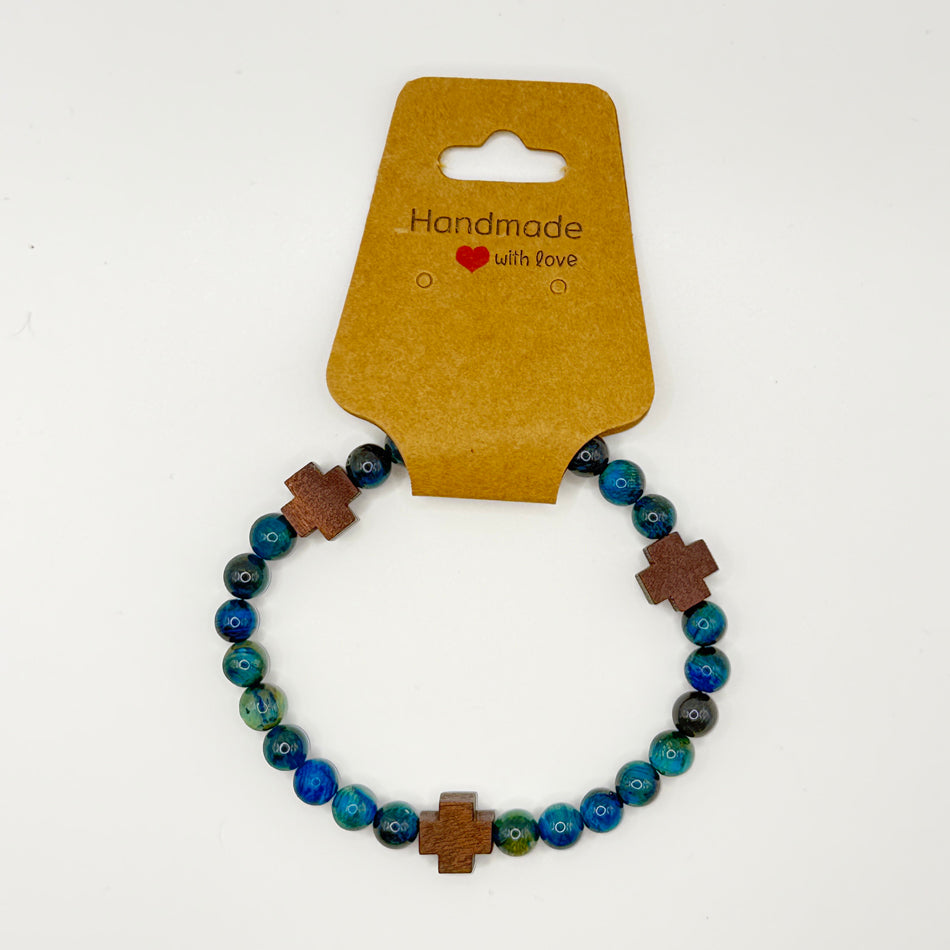 Blue Tiger Eye & Wooden Cross Bracelet