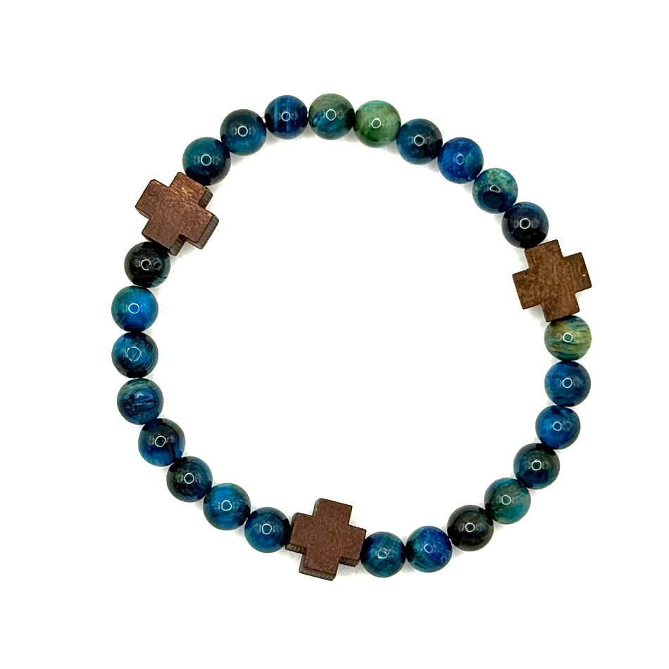 Blue Tiger Eye & Wooden Cross Bracelet