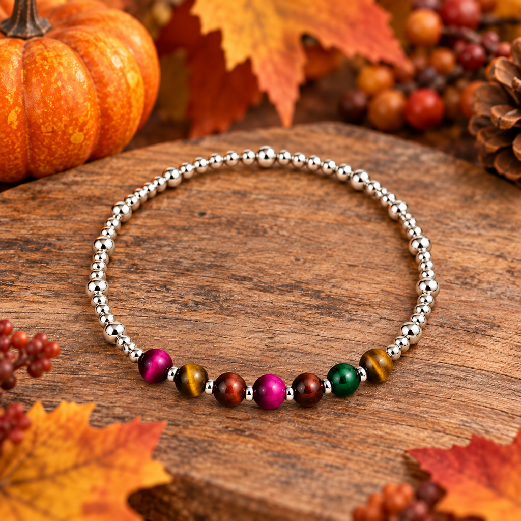 Sterling Silver & Colorful Tiger Eye Beaded Bracelet