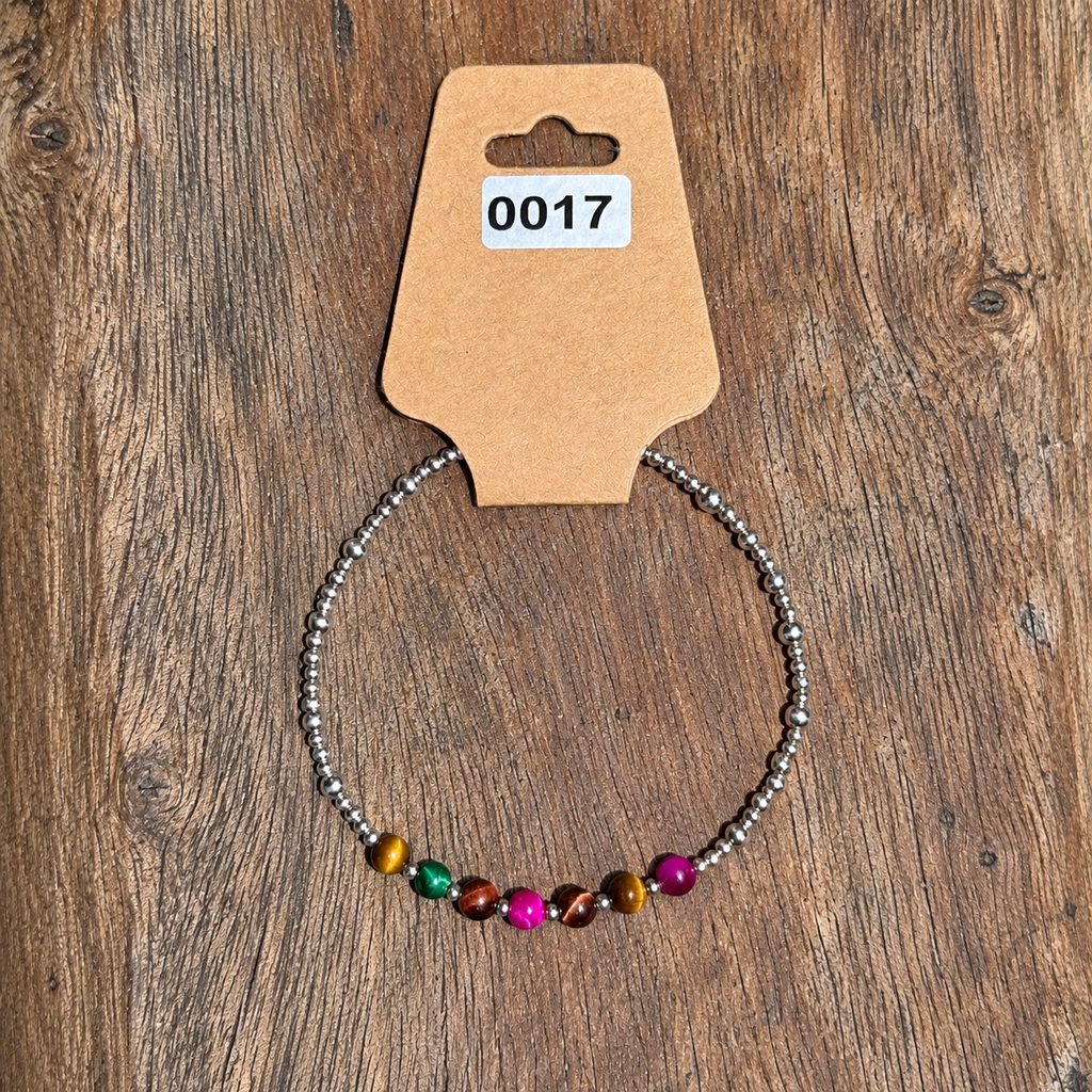 Sterling Silver & Colorful Tiger Eye Beaded Bracelet