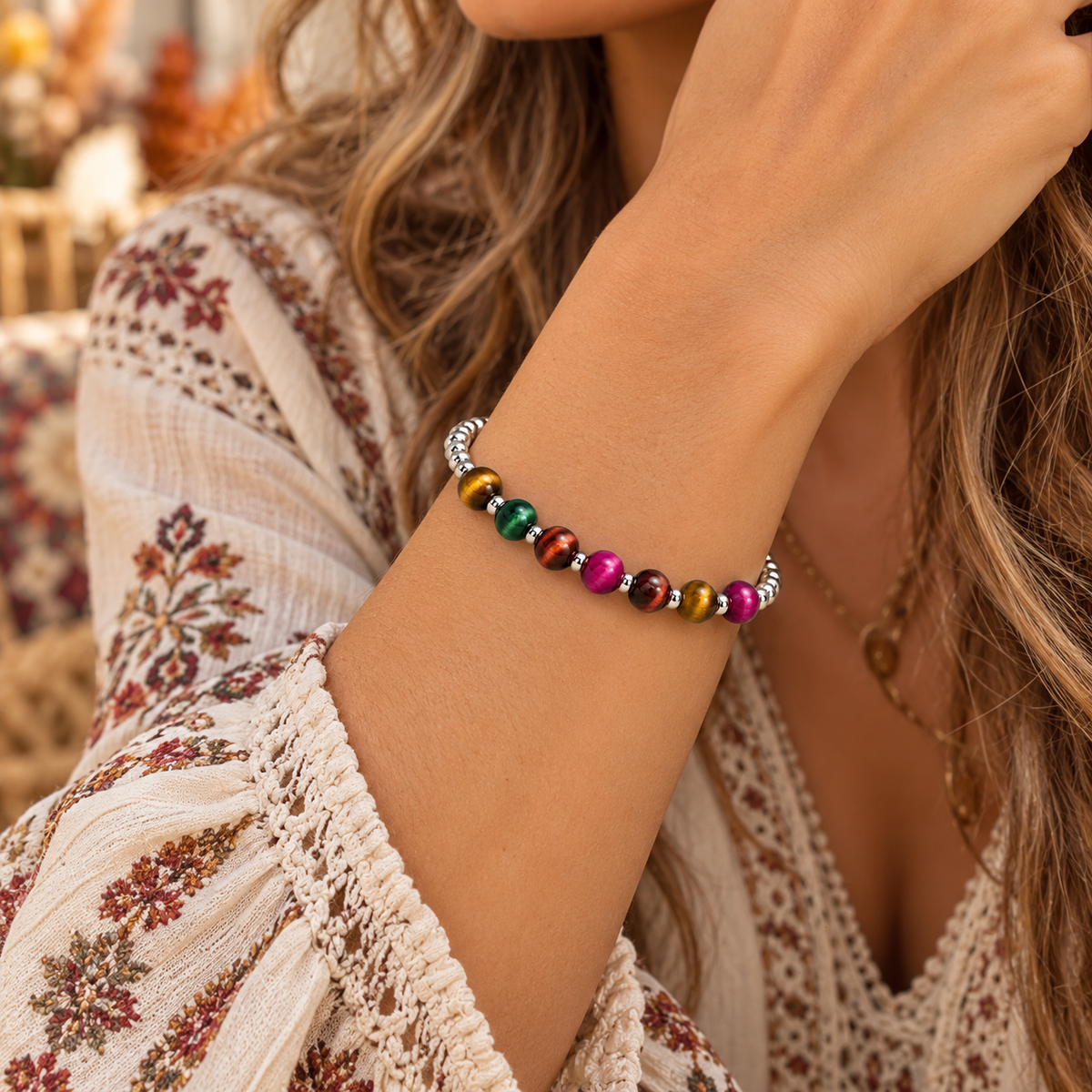 Sterling Silver & Colorful Tiger Eye Beaded Bracelet