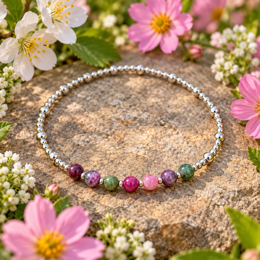 Casual Sterling Silver Bracelet with Pink & Green Persian Stones