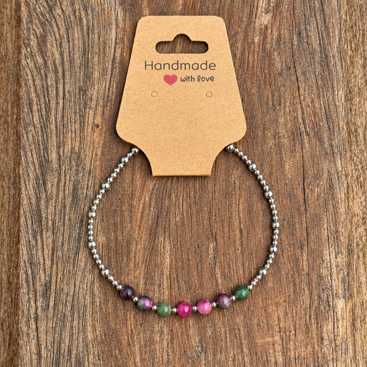 Casual Sterling Silver Bracelet with Pink & Green Persian Stones