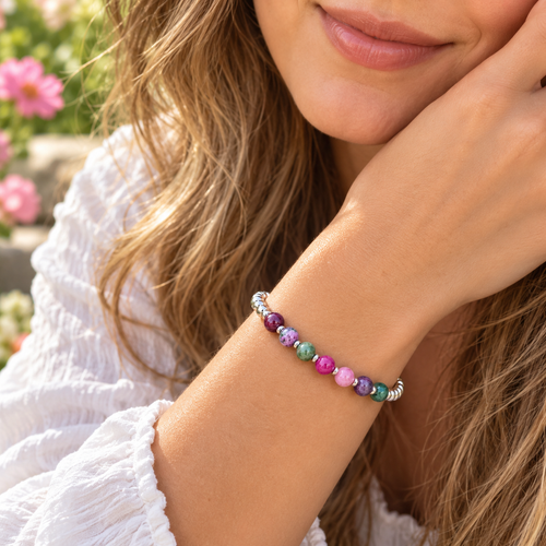 Casual Sterling Silver Bracelet with Pink & Green Persian Stones