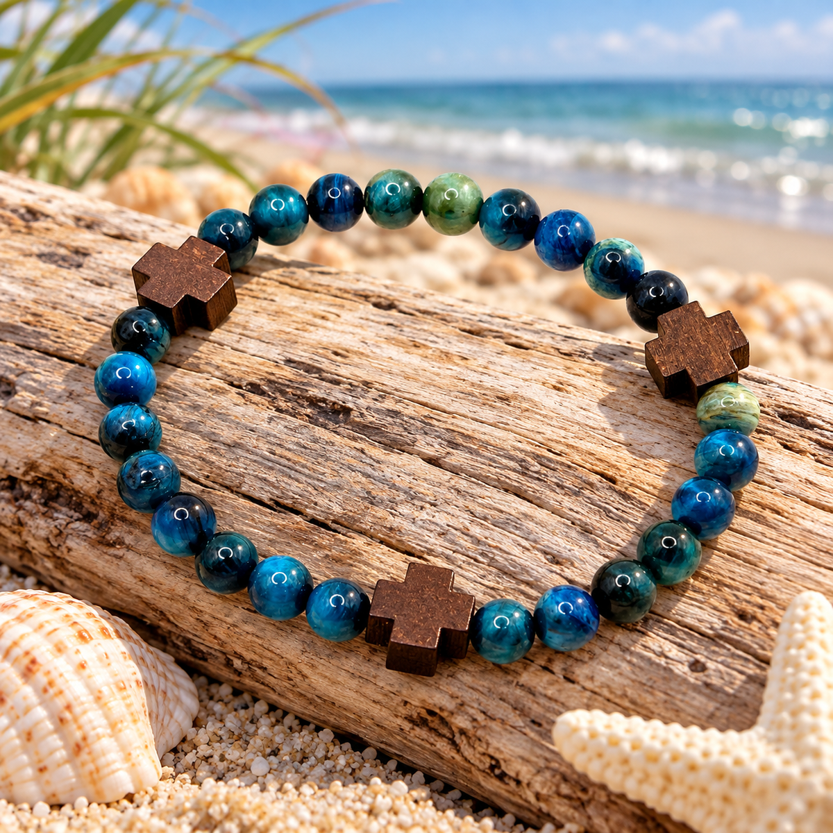 Blue Tiger Eye & Wooden Cross Bracelet