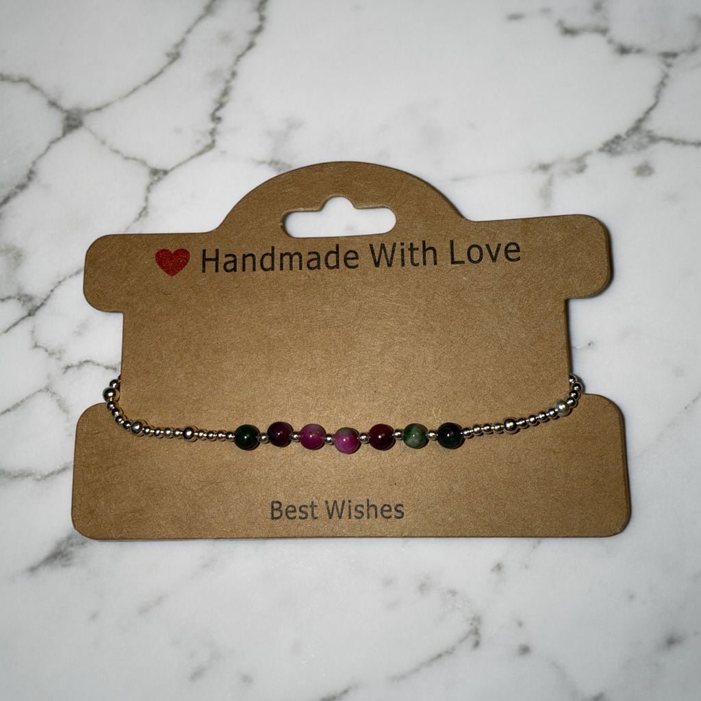 Casual Sterling Silver Bracelet with Pink & Green Persian Stones