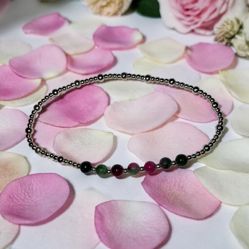 Casual Sterling Silver Bracelet with Pink & Green Persian Stones