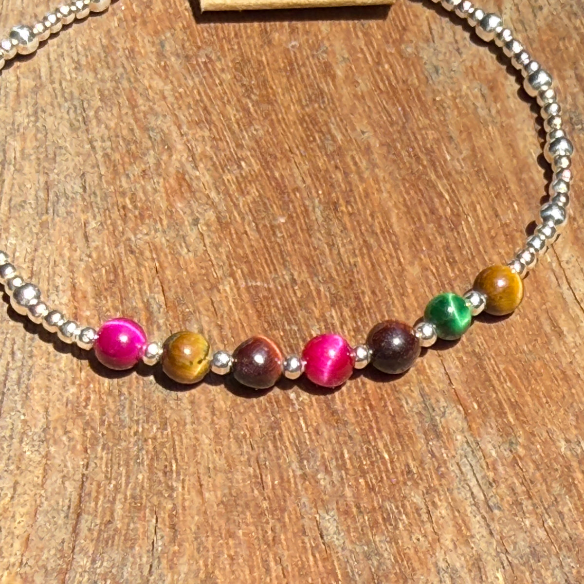 Sterling Silver & Colorful Tiger Eye Beaded Bracelet