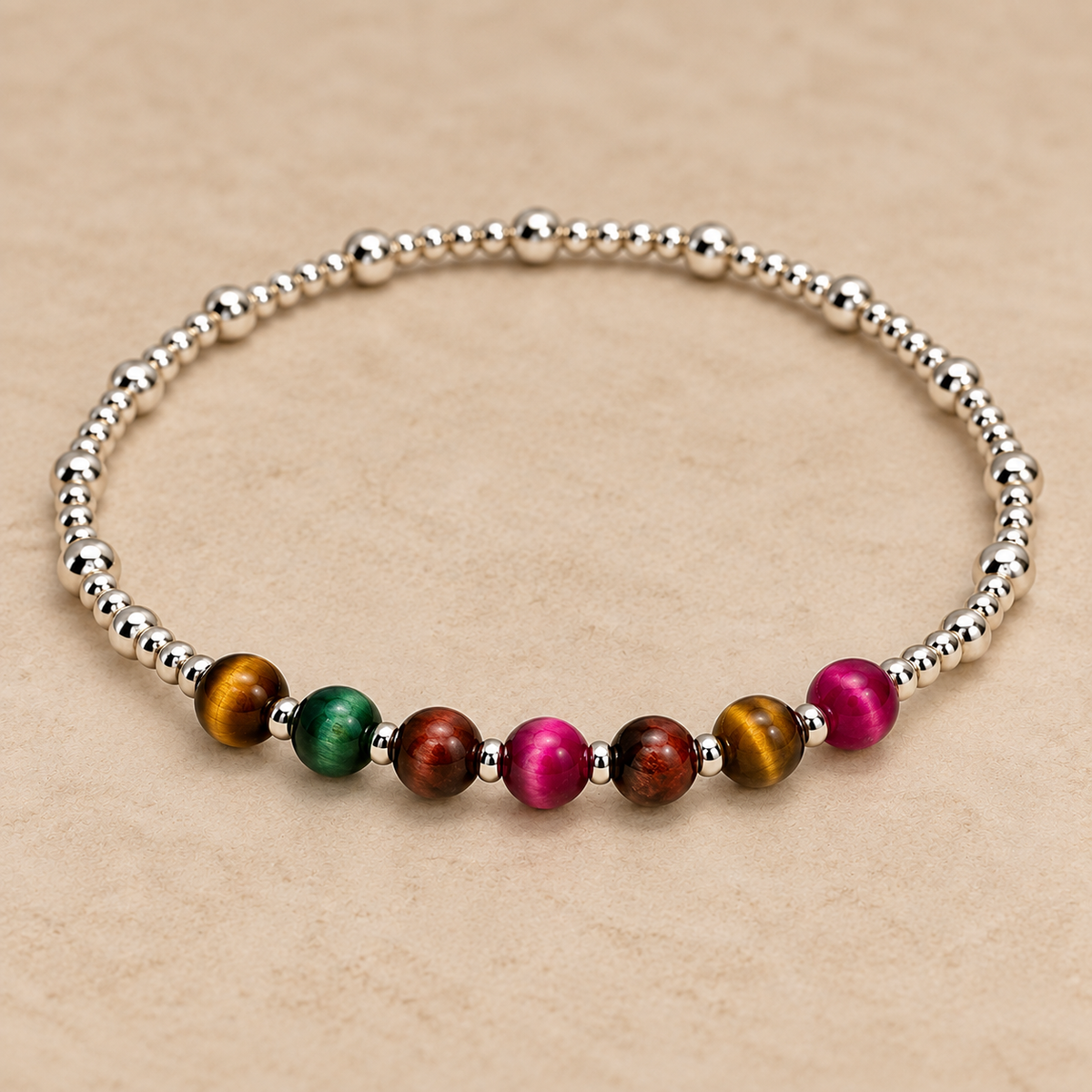 Sterling Silver & Colorful Tiger Eye Beaded Bracelet