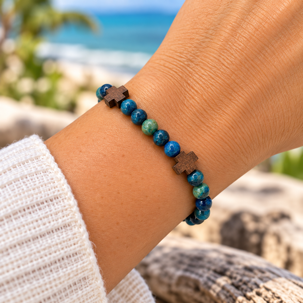 Blue Tiger Eye & Wooden Cross Bracelet